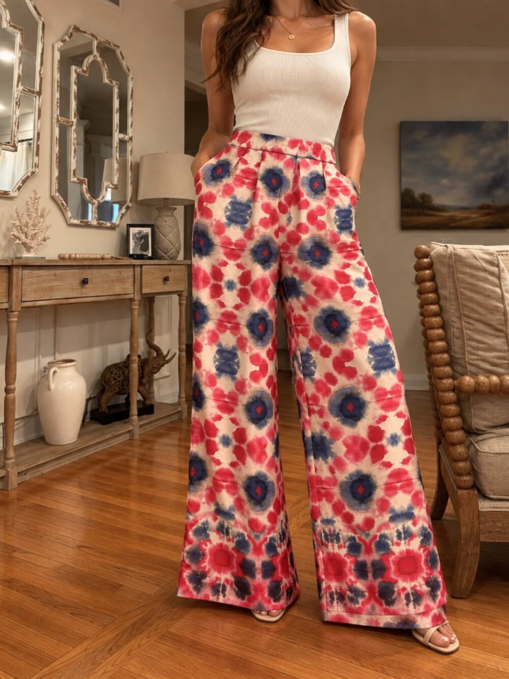 Zara Retro Floral Wide-Leg Pants Statement Trousers Size XS